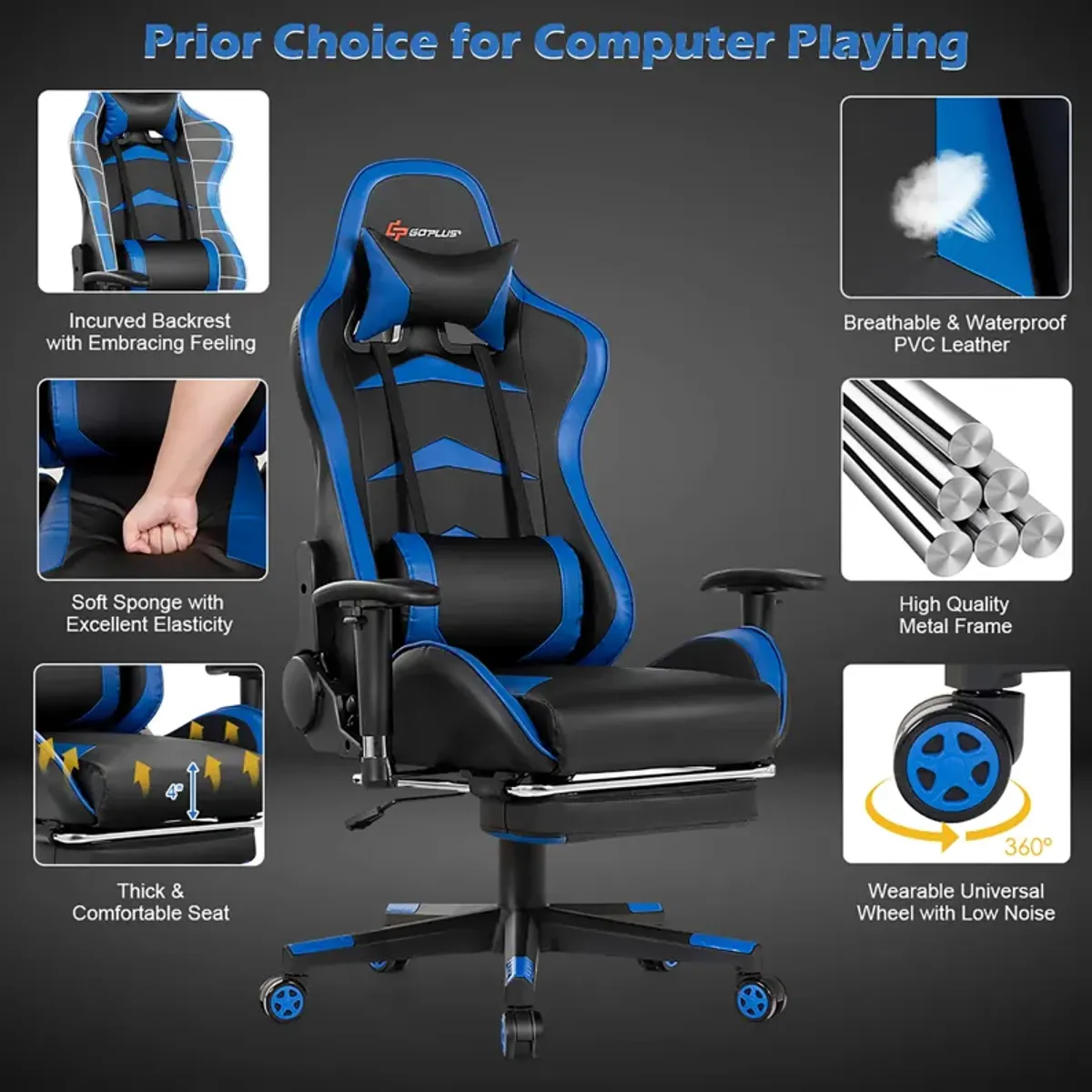 Goplus Massage Gaming Chair Swivel Racing Office Chair with Footrest Blue