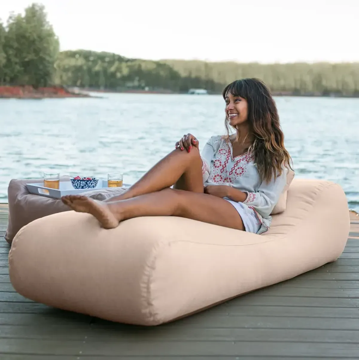 Arlo Outdoor Bean Bag Sun Lounger - Pool and Patio Chaise Bean Bag Lounger, Petal