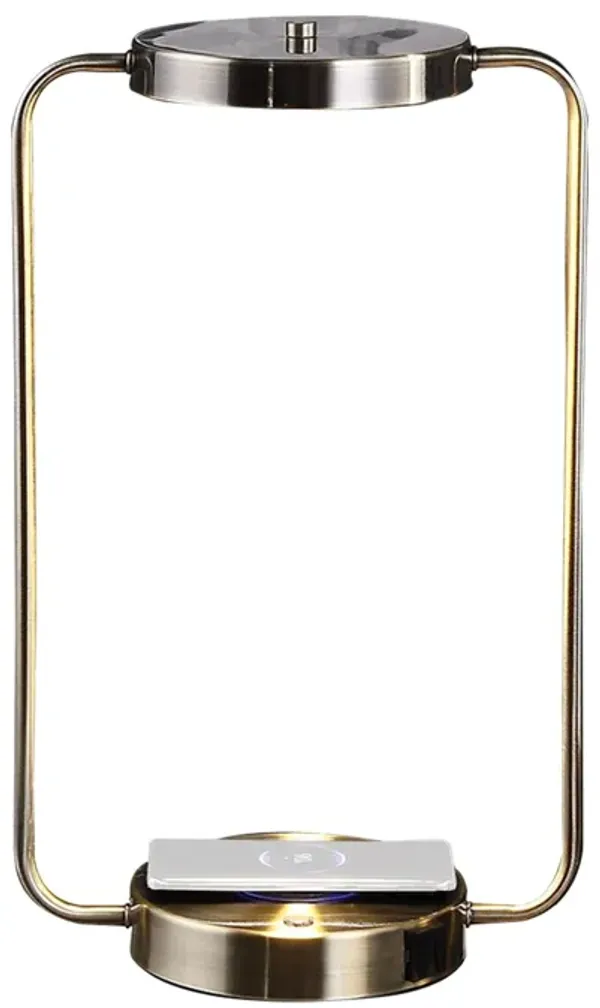 Gizo 21 Inch Table Lamp, LED Light, Wireless Charging, Metal Base, Brass - Benzara