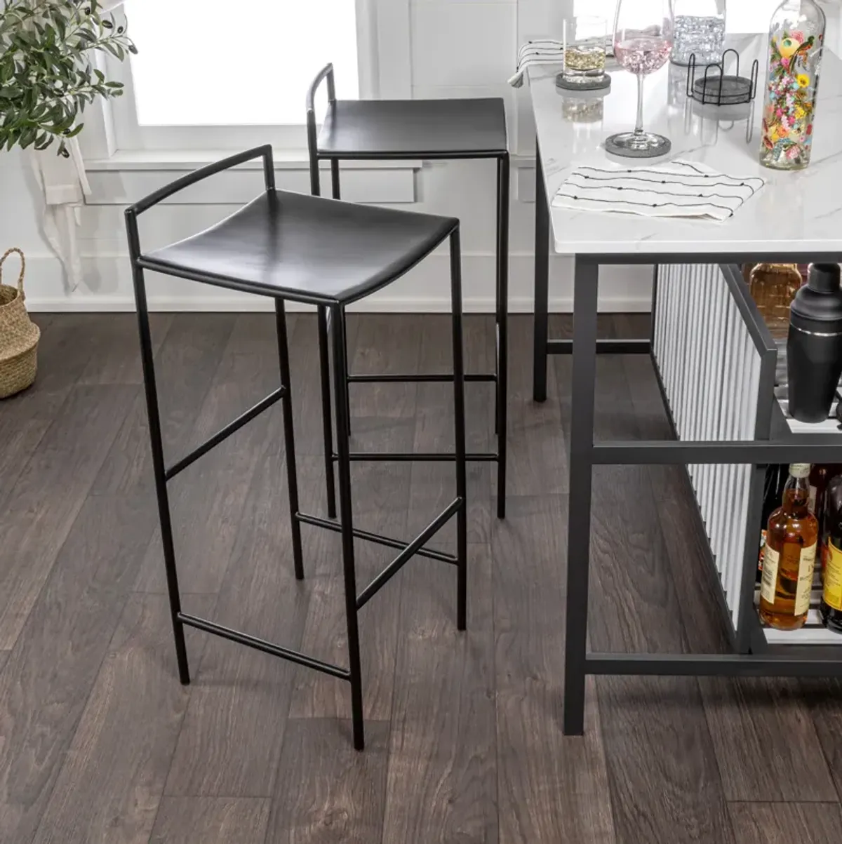 Svelte 30" Coastal Contemporary Iron Saddle-Seat Low-Back Bar Stool with Foot Rest