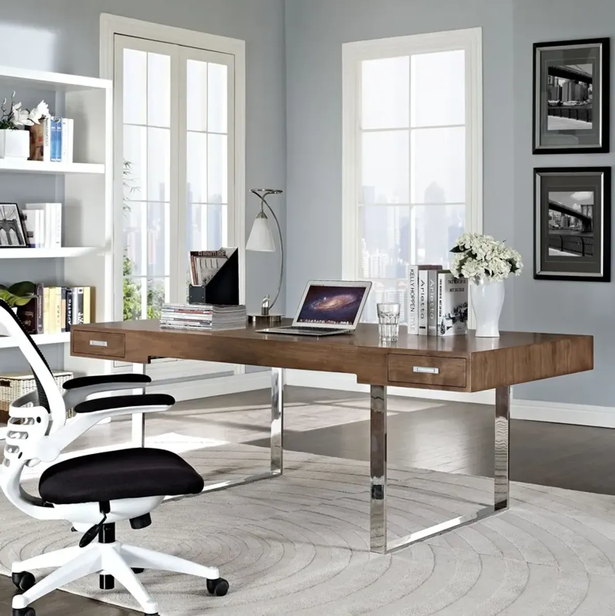 Modway Tinker Contemporary Modern Wood and Stainless Steel Office Desk With Two Drawers in Walnut