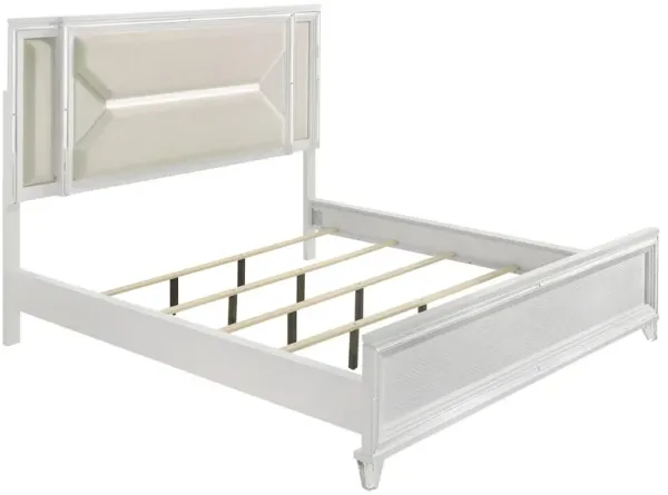 Mory California King Bed, Textured LED Headboard, Ivory Upholstery - Benzara