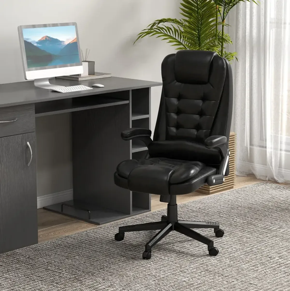 Vibrating Massage Office Chair: Heated, Linen, Reclining, Black