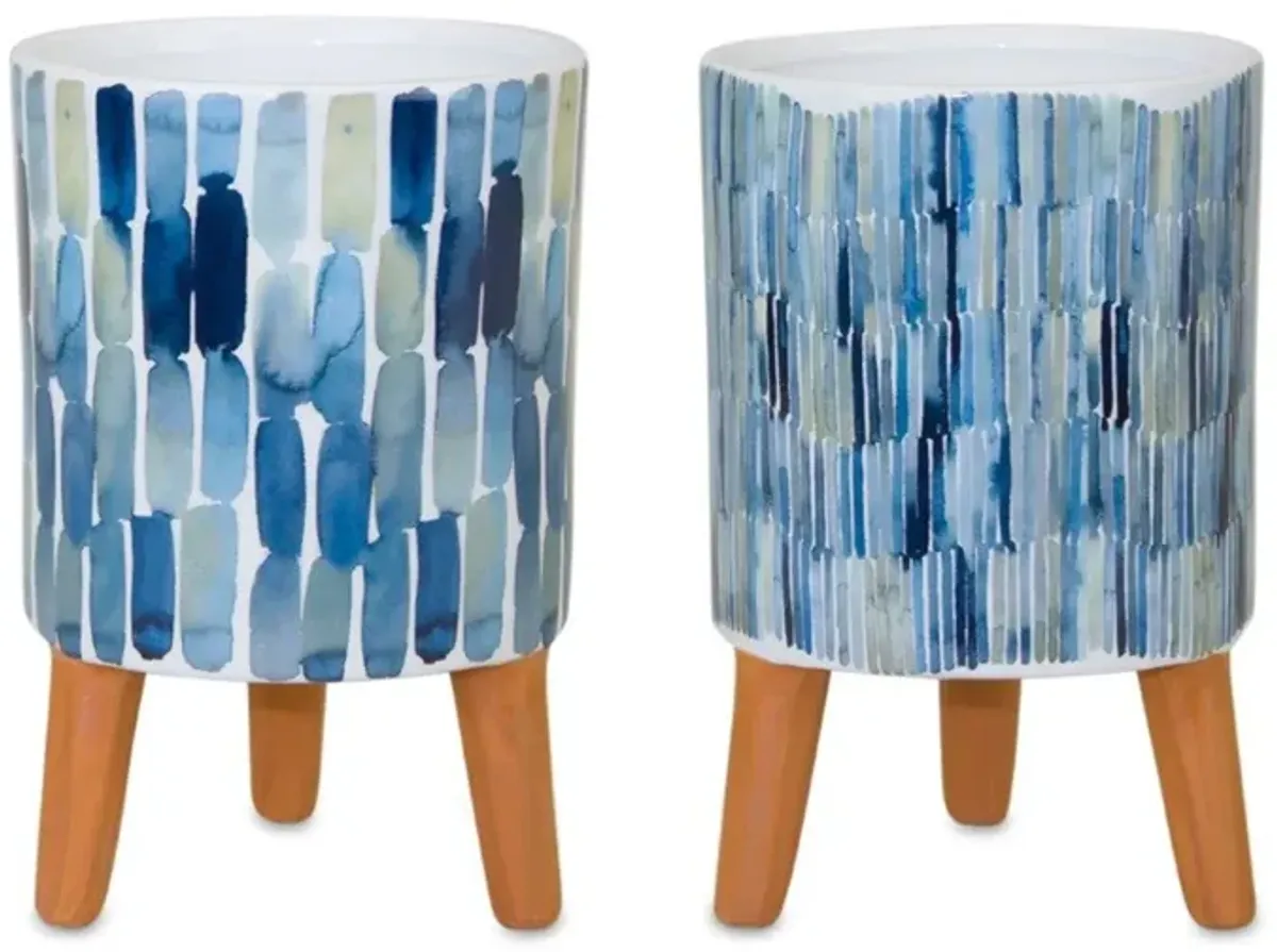 Hivvago Set of Two Blue Terra Cotta And White Ceramic 2 Ounce Round Raised Pot Planters