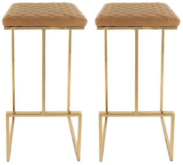 LeisureMod Quincy Leather Bar Stools With Gold Metal Frame Set of 2