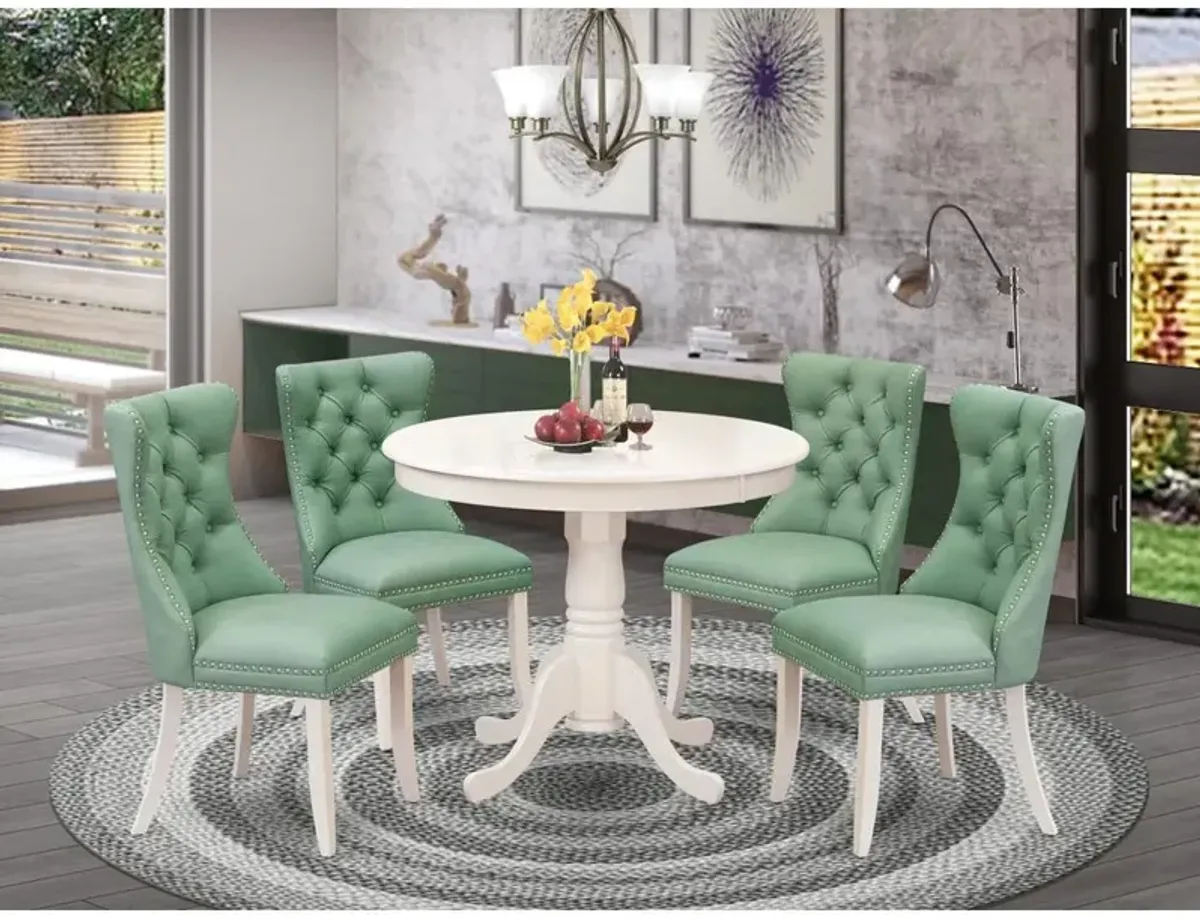 East West Furniture 5 Piece Dining Set Contains a Round Kitchen Table with Pedestal