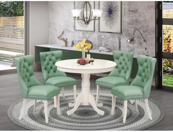East West Furniture 5 Piece Dining Set Contains a Round Kitchen Table with Pedestal