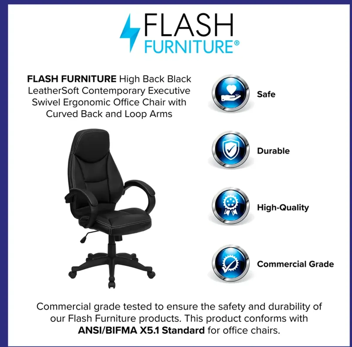 Leonard High Back Black LeatherSoft Contemporary Executive Swivel Ergonomic Office Chair with Curved Back and Loop Arms