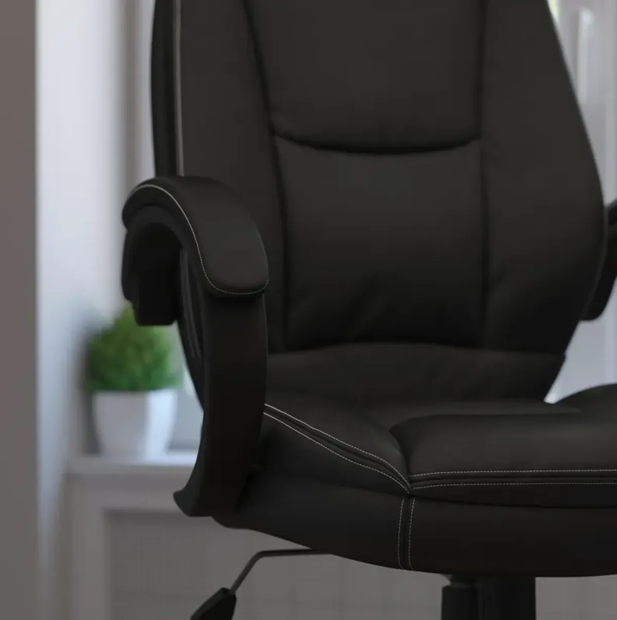 Leonard High Back Black LeatherSoft Contemporary Executive Swivel Ergonomic Office Chair with Curved Back and Loop Arms