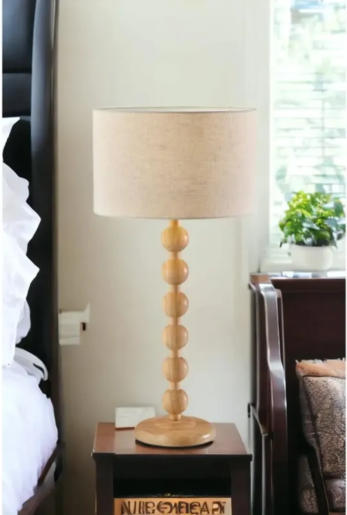 Hivvago 28" Brown Solid Wood Candlestick Table Lamp With Off White Drum Shade