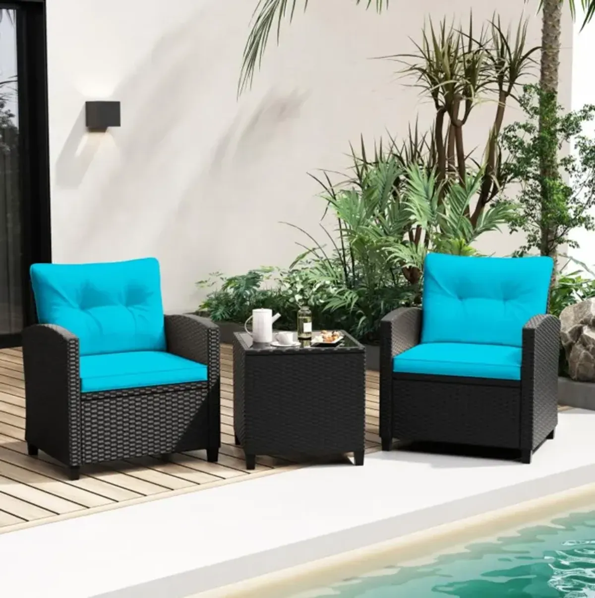 Hivvago 3 Pieces Patio Furniture Set with Tempered Glass Coffee Table