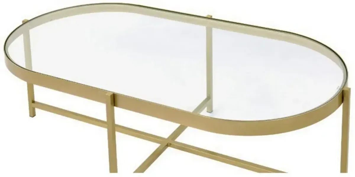 Coffee Table with Oblong Glass Top and Metal Frame, Gold-Benzara