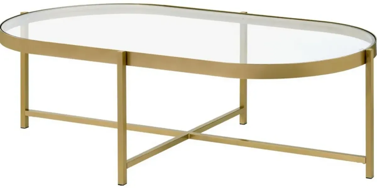 Coffee Table with Oblong Glass Top and Metal Frame, Gold-Benzara