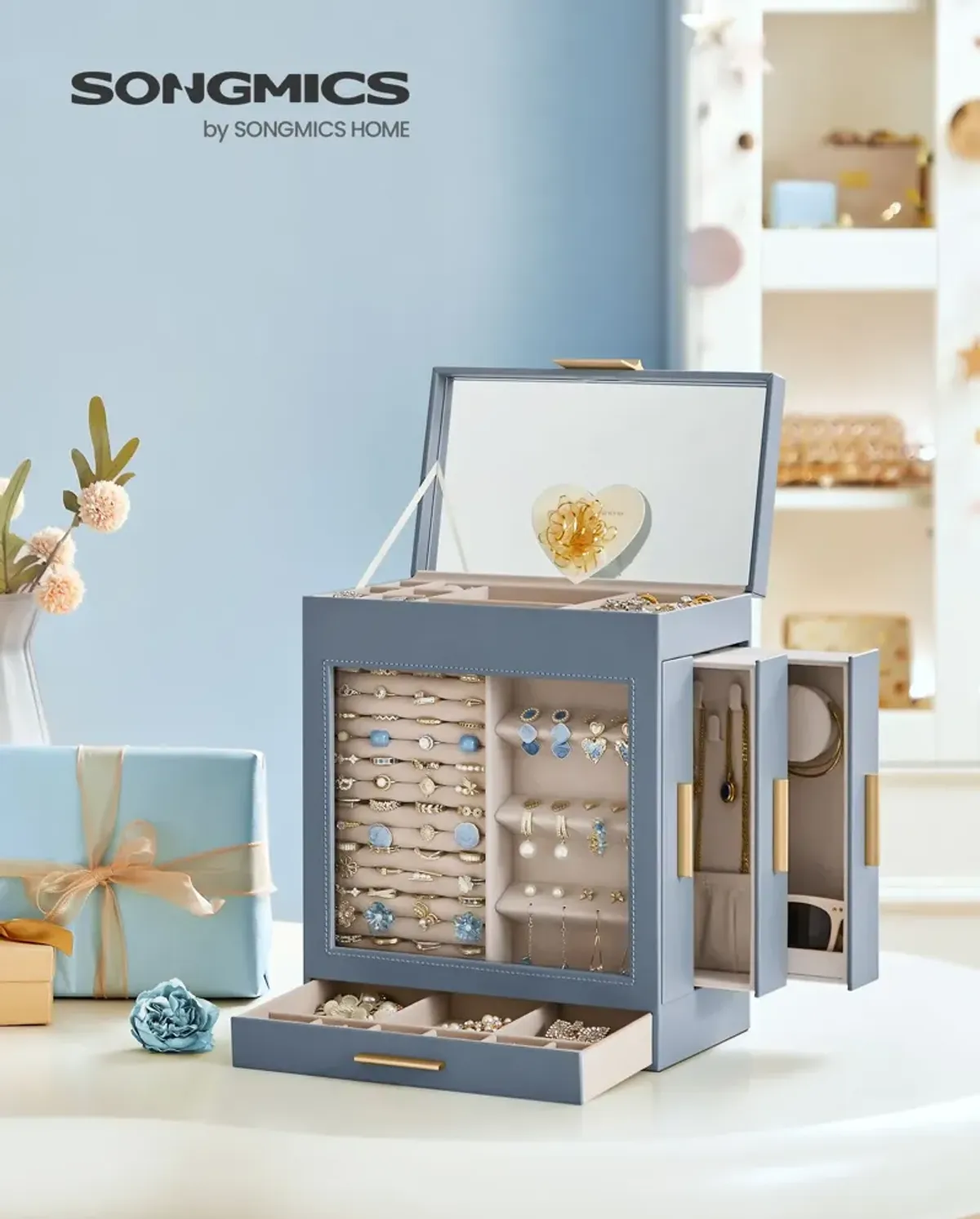 Elegant 5-Layer Jewelry Box with Glass Window, Vertical Storage Space, and Large Mirror