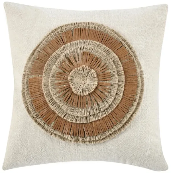 Square Accent Throw Pillow, 22 Inch Ivory Cotton, Brown Leather, Jute - Benzara