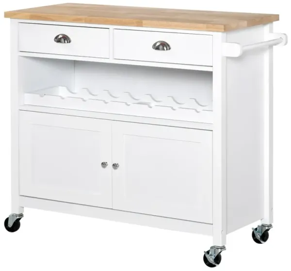 White Kitchen Island: Rolling Cart with Wine Rack, Rubberwood Top