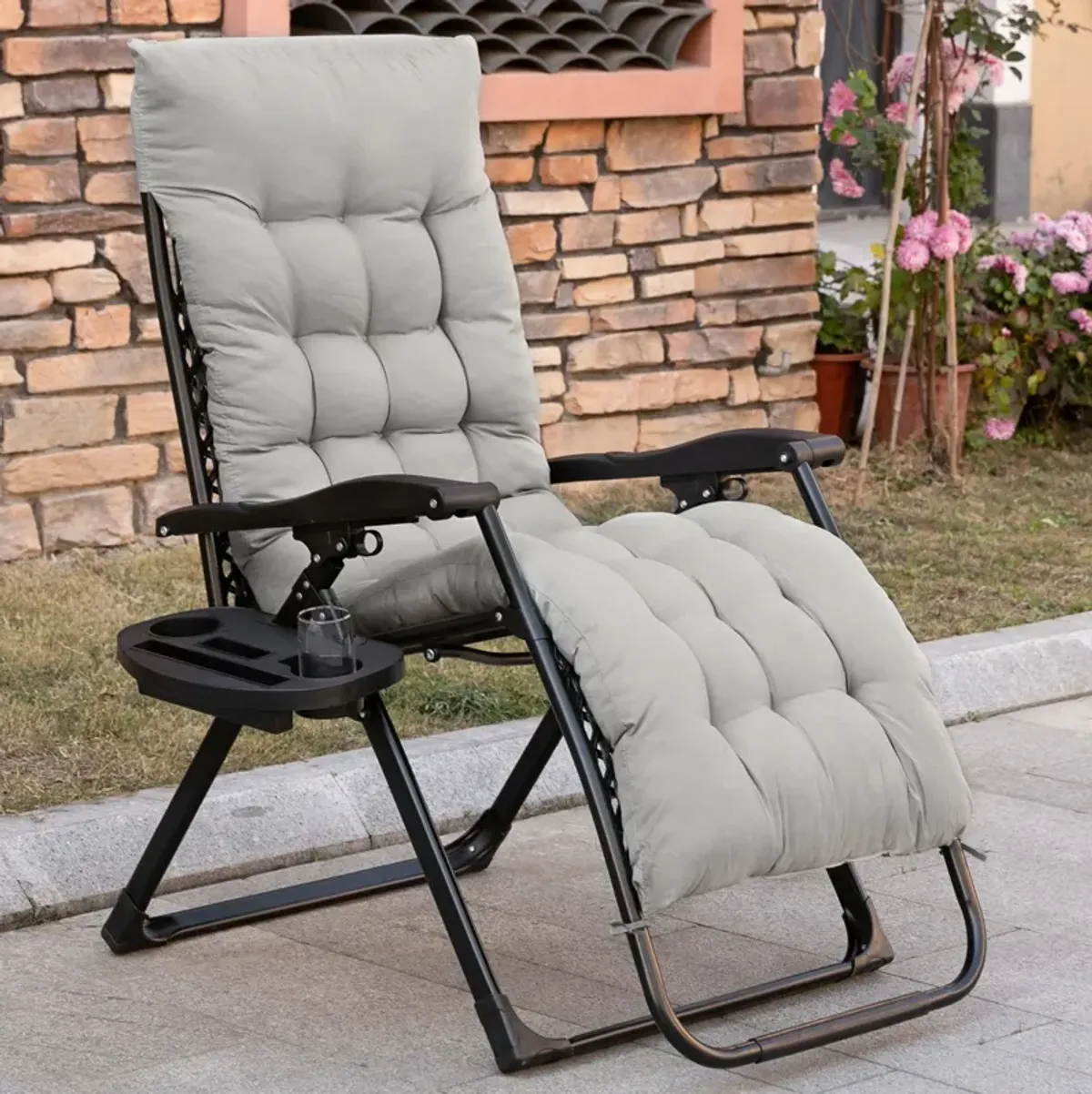 Outdoor Relaxer: Reclining Chair with Cup Holder and Cushion