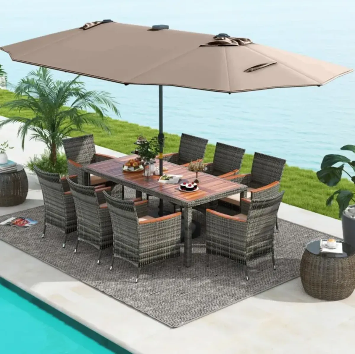 Hivvago 11 Pieces Patio Dining Set with 15 Feet Double-Sided Patio Umbrella Base Included