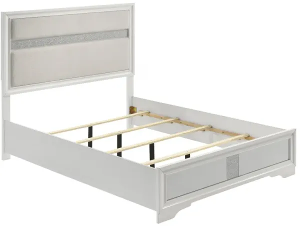Vino Full Size Bed, Panel Headboard, White Upholstery, Glitter Stripes - Benzara