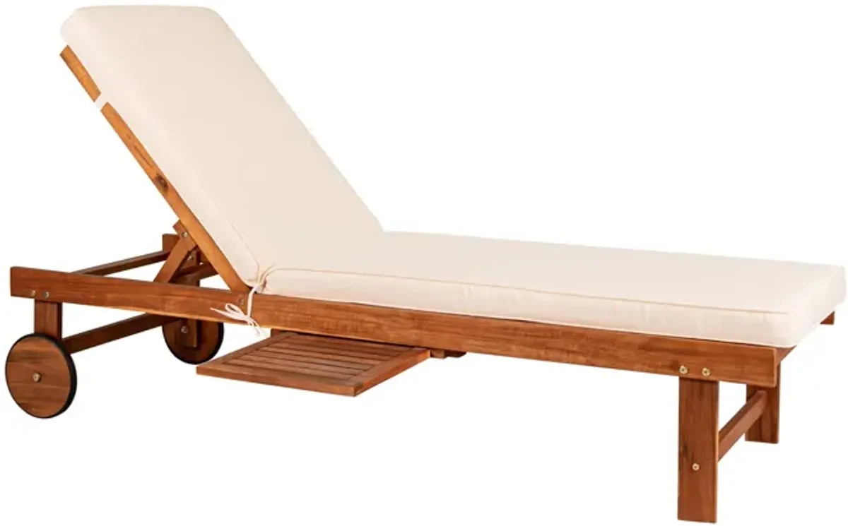 Seabrook Outdoor Acacia Wood Lounger with Cushion Position Back Slide Table Wheels