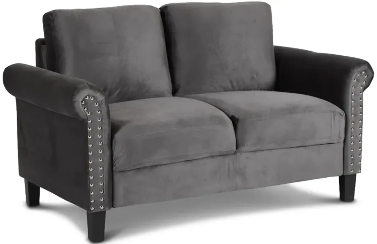 Judy 60 Inch Velvet Upholstered Loveseat with Nailhead Trim, Gray-Benzara