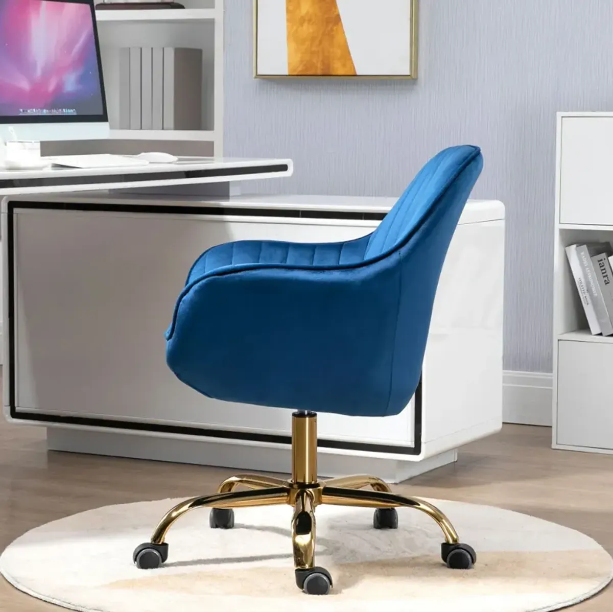 360 Degree Velvet Swivel Chair With High Back, Adjustable Working Chair With Golden Color Base