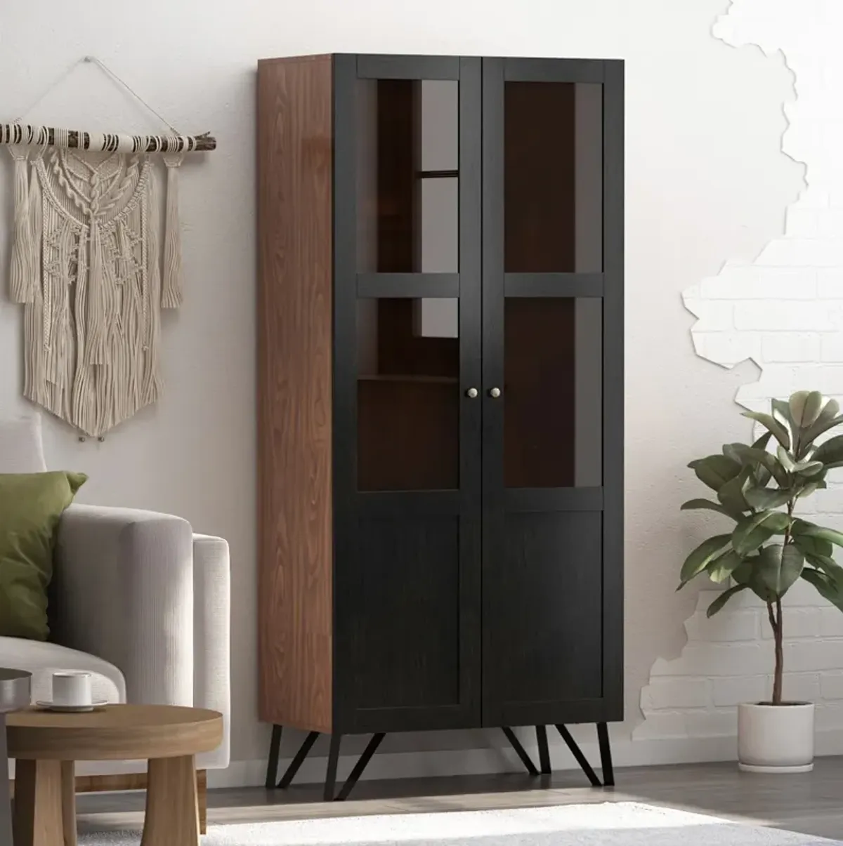 70.7 in. H Brown Wood 2 Glass Door Accent Cabinet W/3-Tier Shelves and Metal Legs Storage Cabinet Bookshelf Cupboard