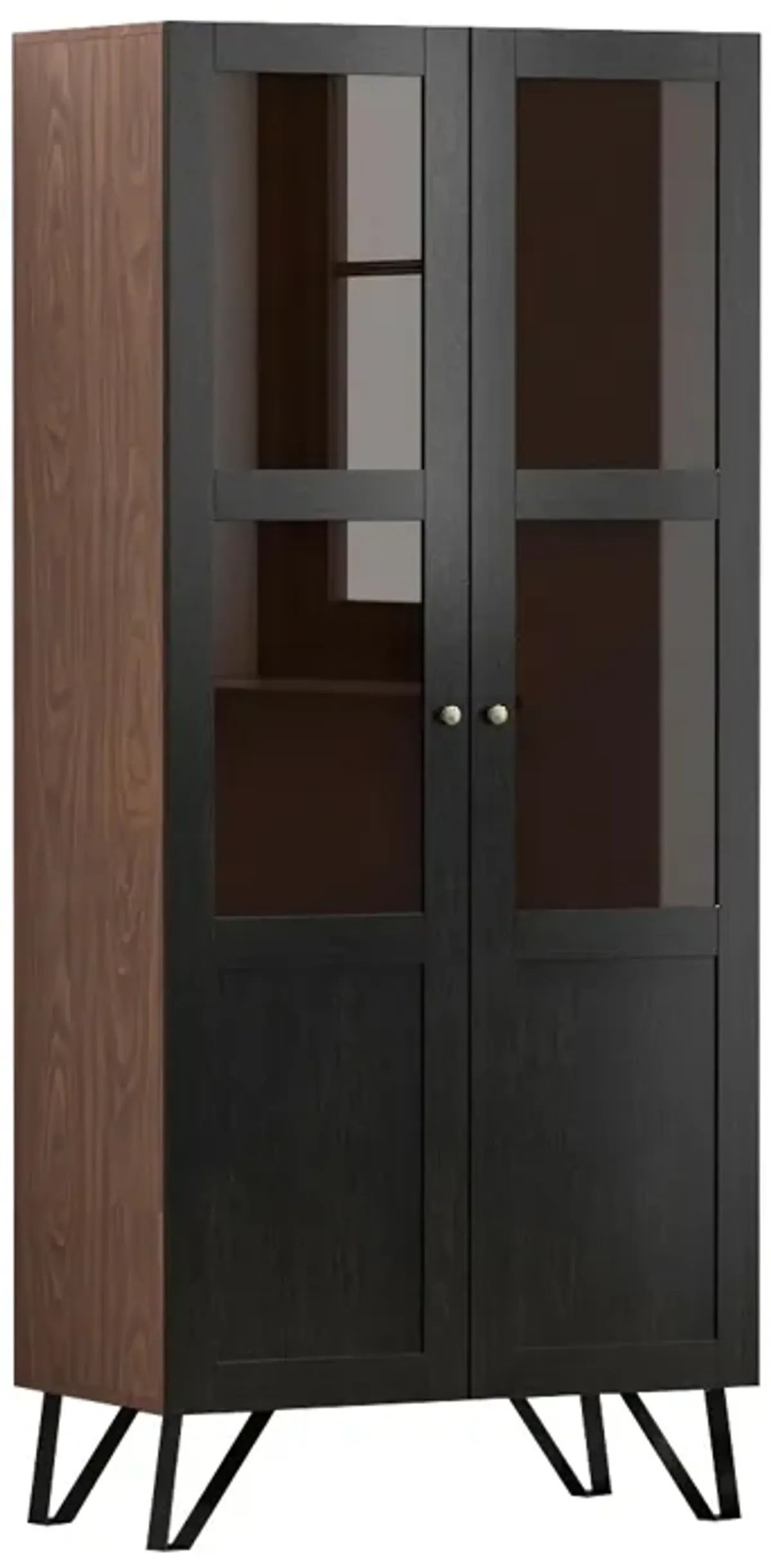 70.7 in. H Brown Wood 2 Glass Door Accent Cabinet W/3-Tier Shelves and Metal Legs Storage Cabinet Bookshelf Cupboard