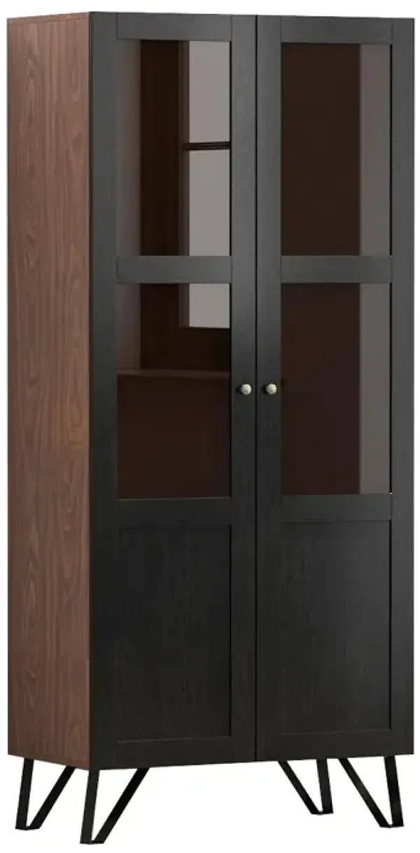 70.7 in. H Brown Wood 2 Glass Door Accent Cabinet W/3-Tier Shelves and Metal Legs Storage Cabinet Bookshelf Cupboard