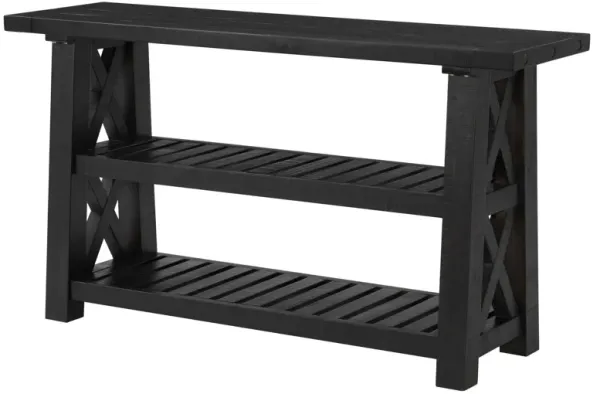 Elena 55 Inch Sofa Console Table, 2 Shelves, Industrial Bolts, Black FInish-Benzara