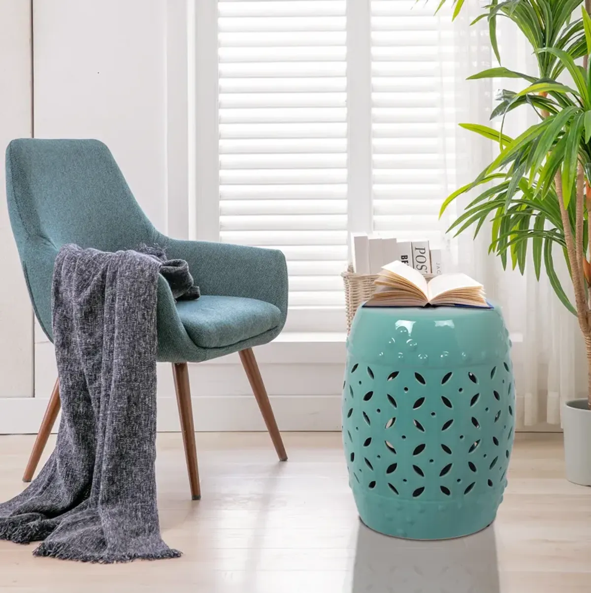 11" x 17" Glazed Ceramic Drum Stool - Indoor/Outdoor Side Table - Accent Garden Stool