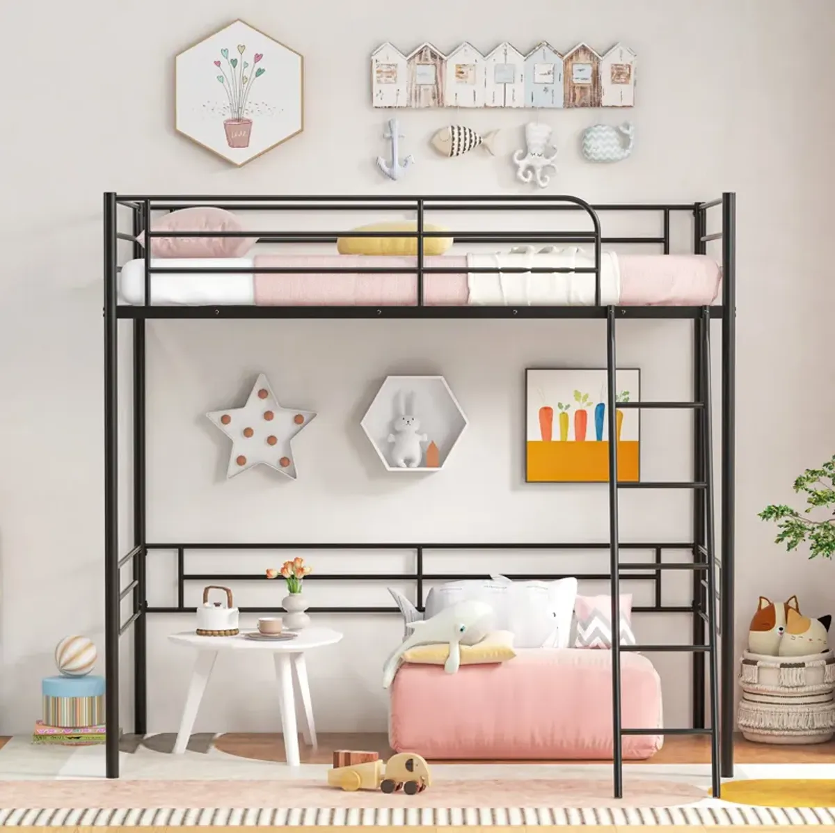 Twin Metal Loft Bed Frame with Ladder and Metal Slats Support-Black