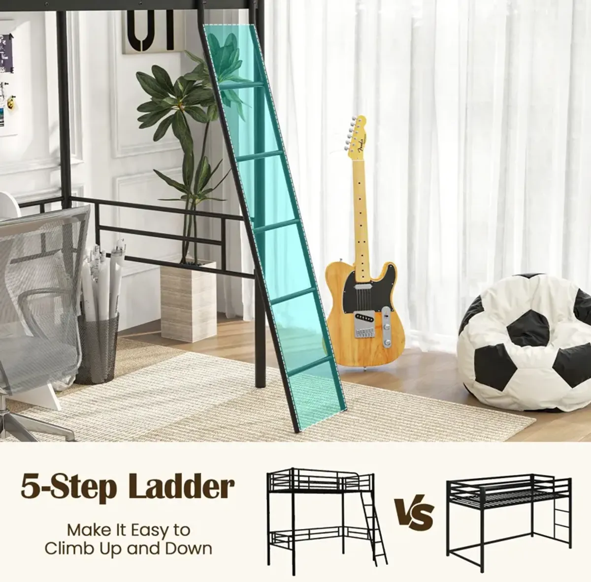 Twin Metal Loft Bed Frame with Ladder and Metal Slats Support-Black