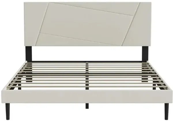 Queen Size Bed Frame, Queen Platform Bed Frame With Velvet Upholstered Headboard, Geometric Pattern, Sturdy Frame And Slats, Noiseless, No Springs Required, Easy To Assemble