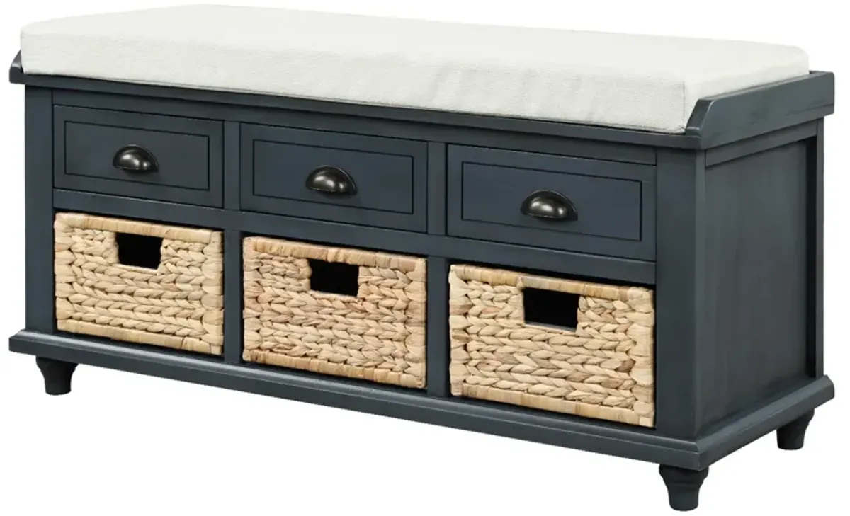 Rustic Storage Bench With 3 Drawers And 3 Rattan Baskets, Shoe Bench For Living Room