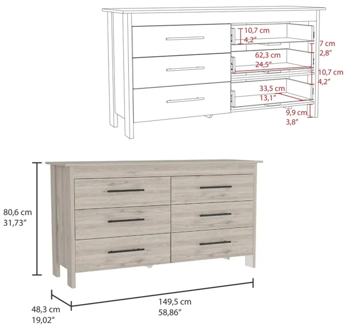 6 Drawer Double Dresser Wezz, Bedroom, Light Gray