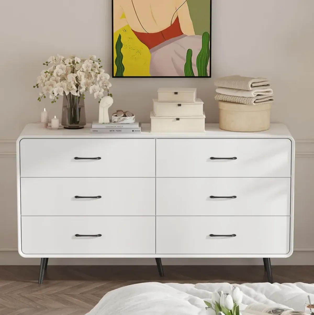 FUFU&GAGA Modern 6-Drawer Dresser, White Storage Cabinet with Black Handles & Legs, Spacious Bedroom Chest of Drawers for Clothes, Living Room & Entryway Organizer (54.9" W x 30.8" H x 15.6" D),White
