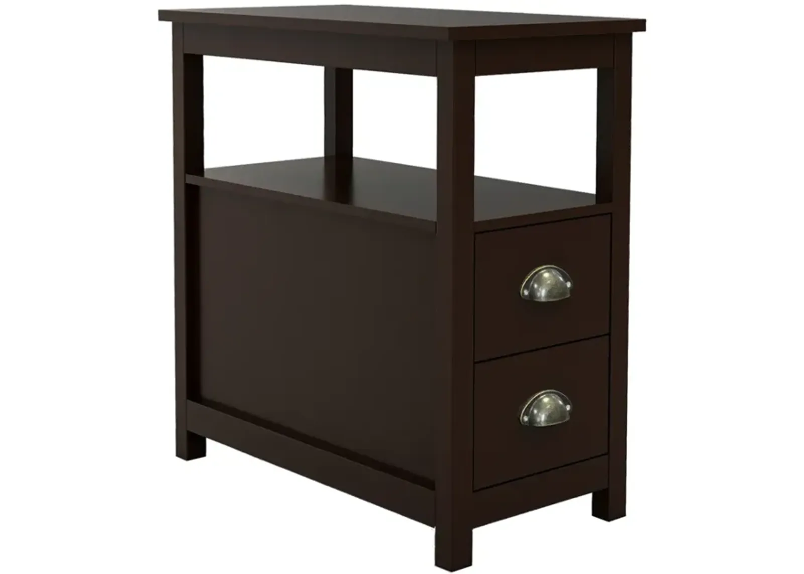 End Table Narrow Nightstand With Two Drawers And Open Shelf-Brown