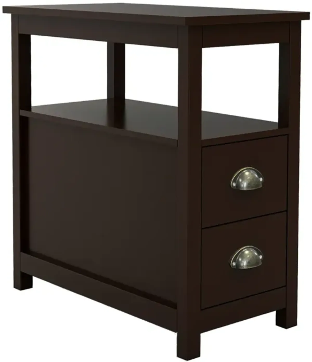 End Table Narrow Nightstand With Two Drawers And Open Shelf-Brown