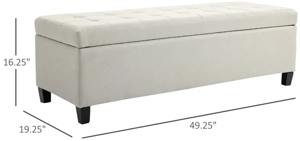 50" Beige Storage Ottoman: Linen Fabric, Soft Close Lid