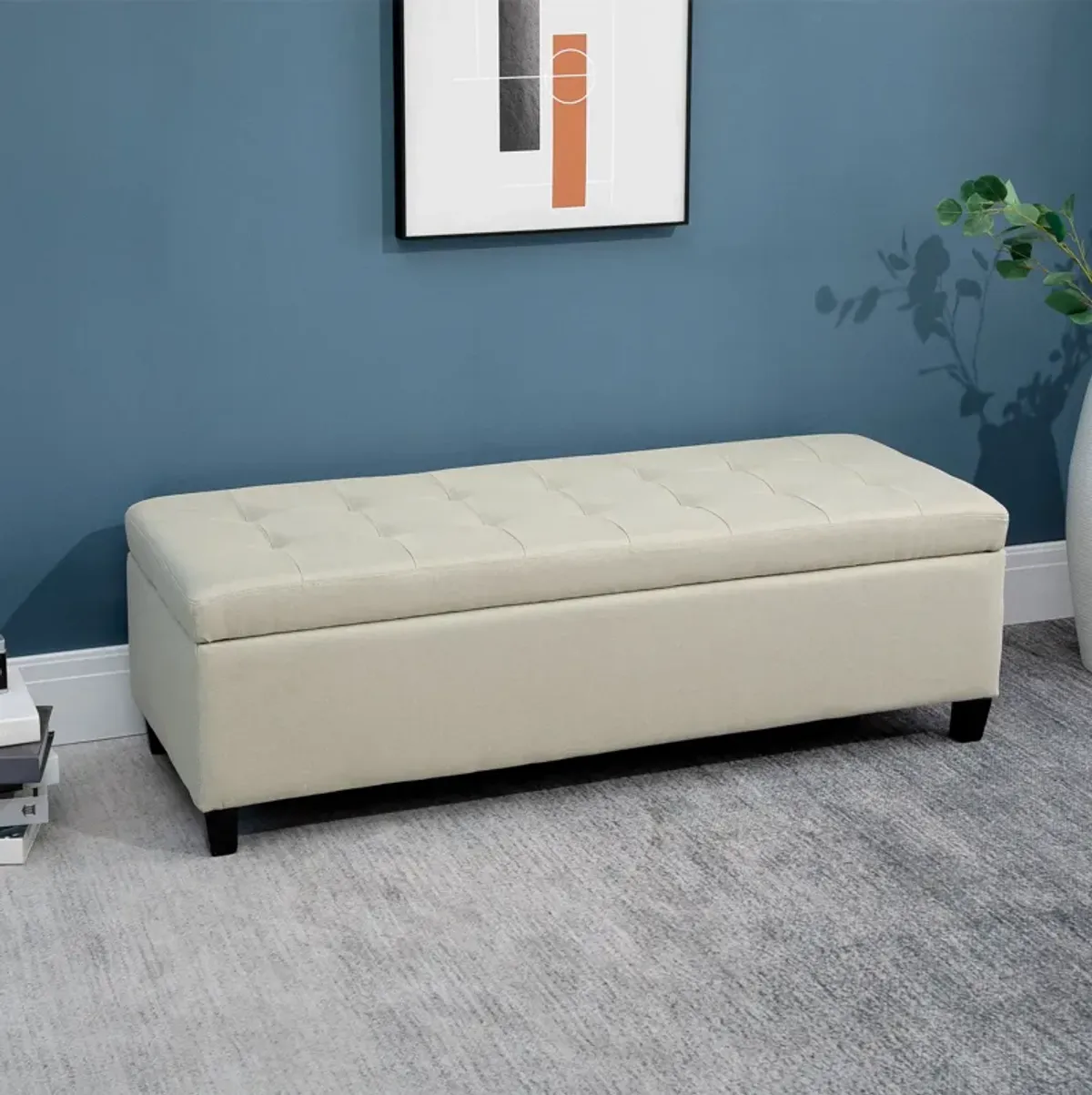 50" Beige Storage Ottoman: Linen Fabric, Soft Close Lid