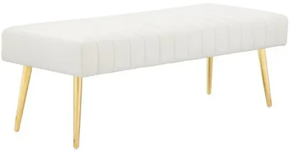 Lida 45 Inch Bench, Modern Tufted Lines, White Faux Leather, Gold Metal - Benzara