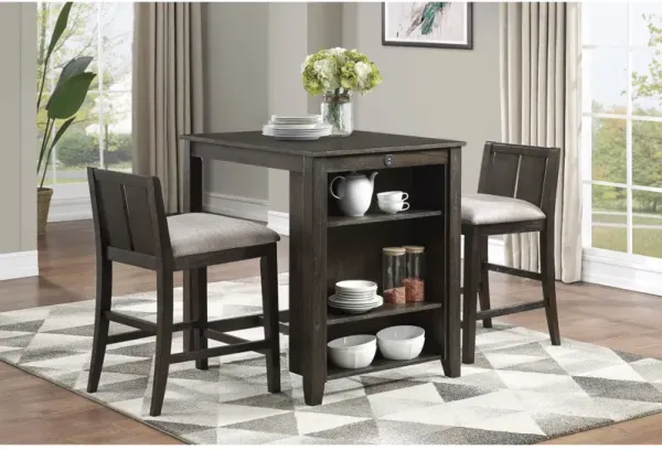 Transitional Design Dark Cherry Finish 3-piece Pack Counter Height Set Table w Display Shelf USB ports and 2x Counter Height Chairs Fabric Upholstered Dining Furniture