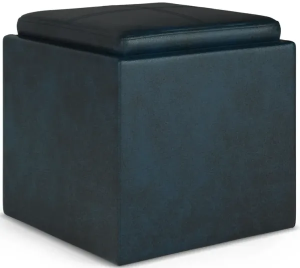 Rockwood Cube Storage Ottoman with Tray in Distressed Dark Blue Faux Leather