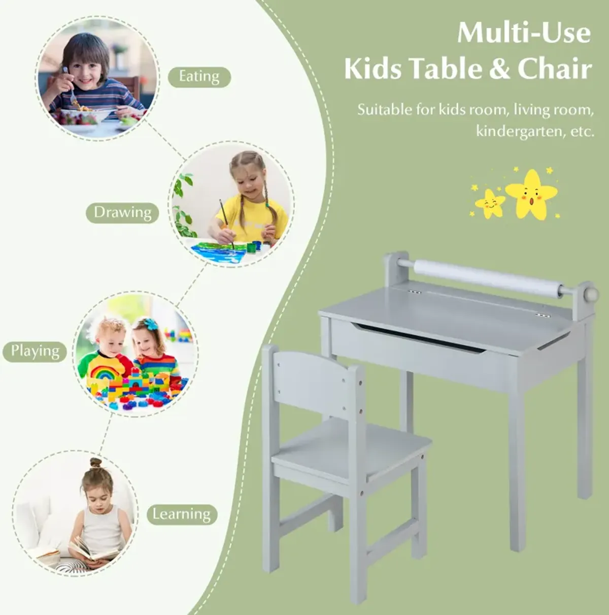 Wooden Kids Table and Chair Set with Storage and Paper Roll Holder