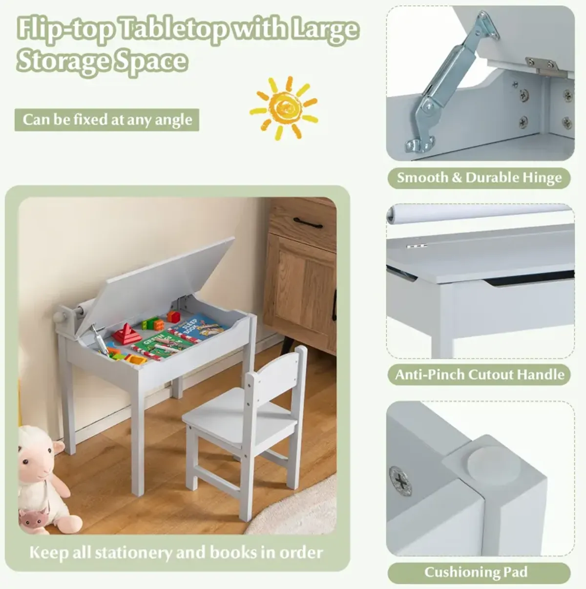 Wooden Kids Table and Chair Set with Storage and Paper Roll Holder