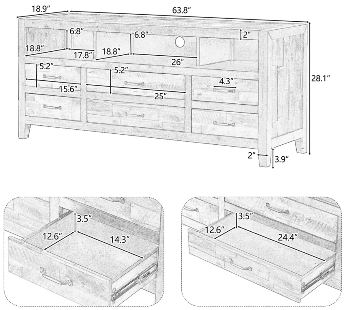 Retro Distressed Wooden TV Stand for TVs up to 65 Inches, Entertainment Center Media Console with 6 Drawers and 3 Shelves for Living room, Black