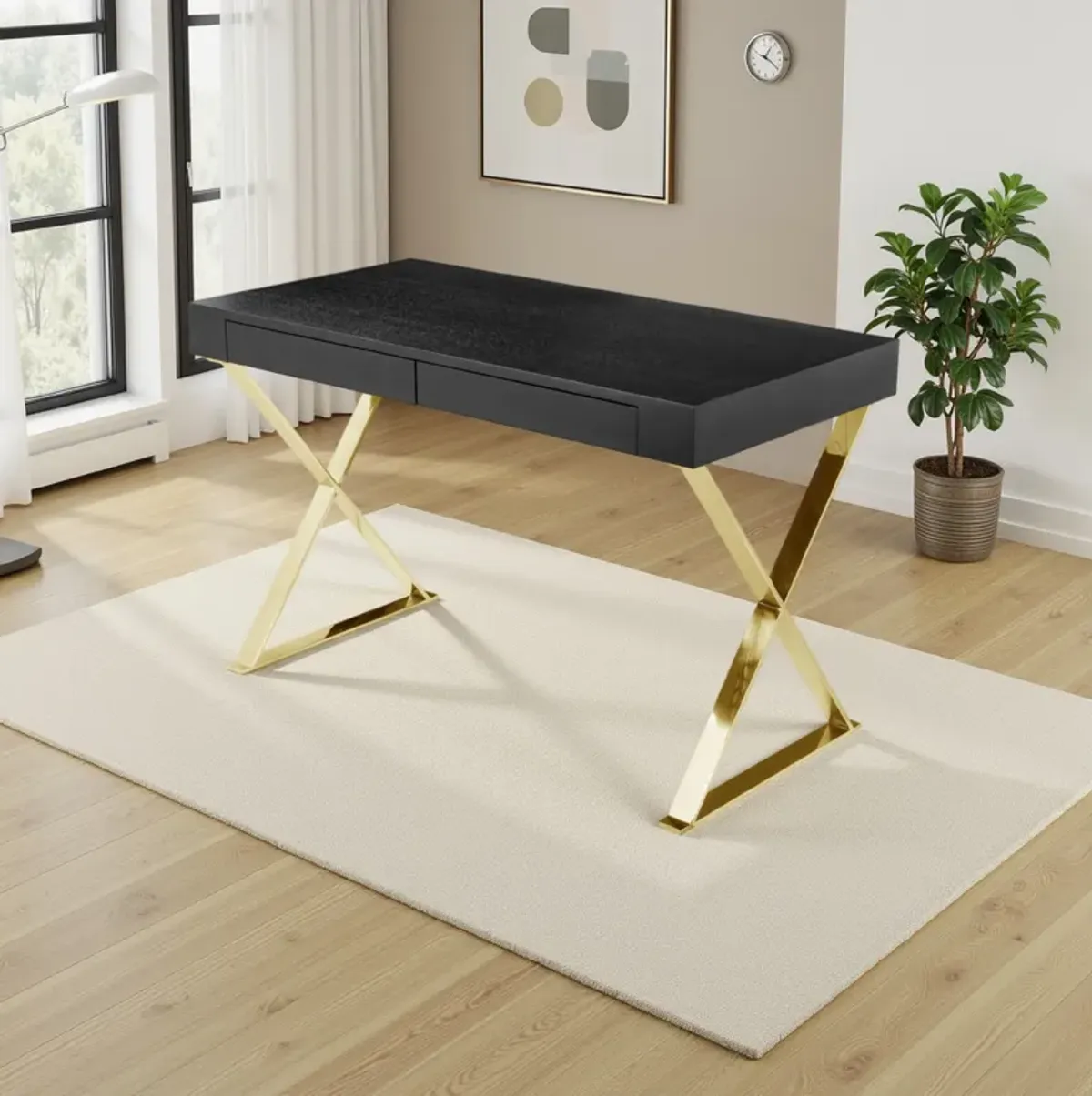 Ada Office Desk, 2 Drawers, Black Wood and Gold X Steel Legs, 47 Inch - Benzara