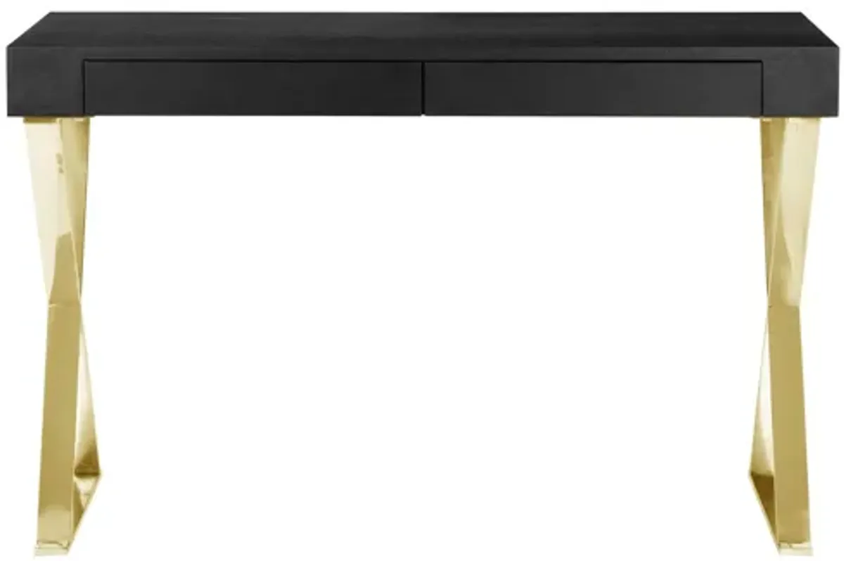 Ada Office Desk, 2 Drawers, Black Wood and Gold X Steel Legs, 47 Inch - Benzara