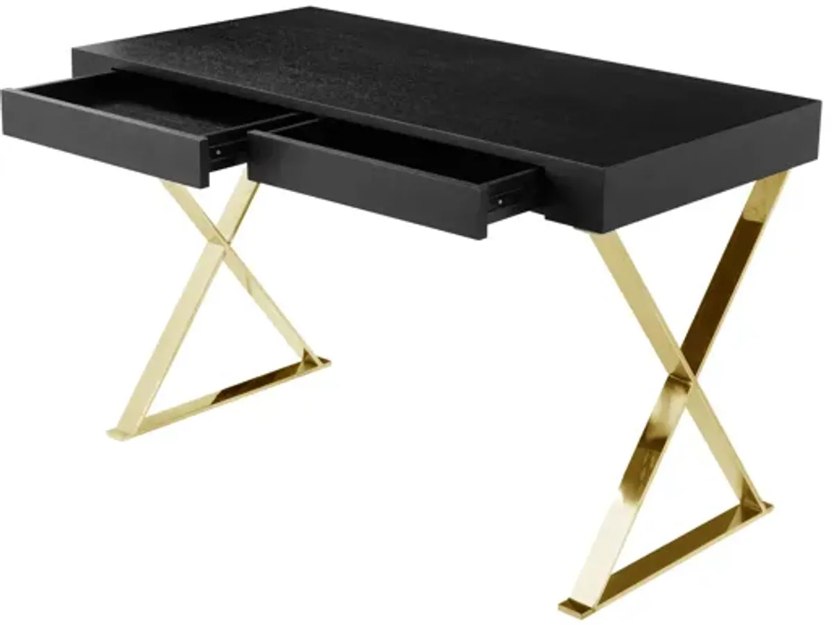 Ada Office Desk, 2 Drawers, Black Wood and Gold X Steel Legs, 47 Inch - Benzara